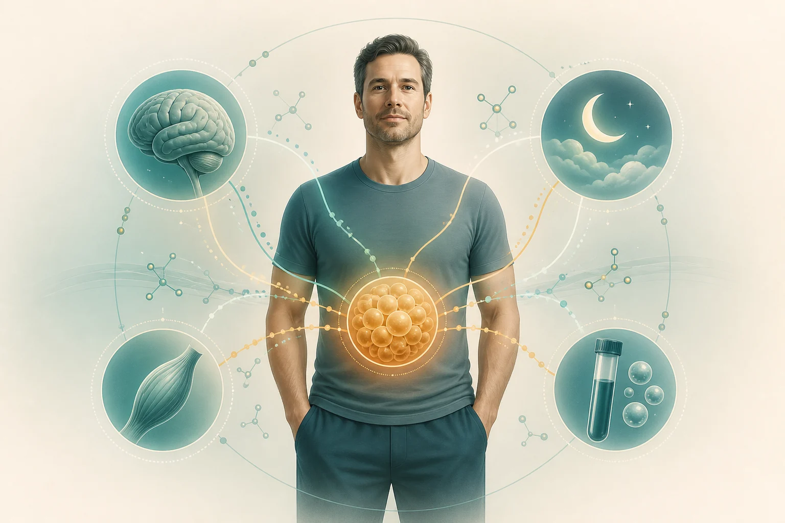 Illustration of connections among abdominal fat, sleep, muscle and hormone testing in men