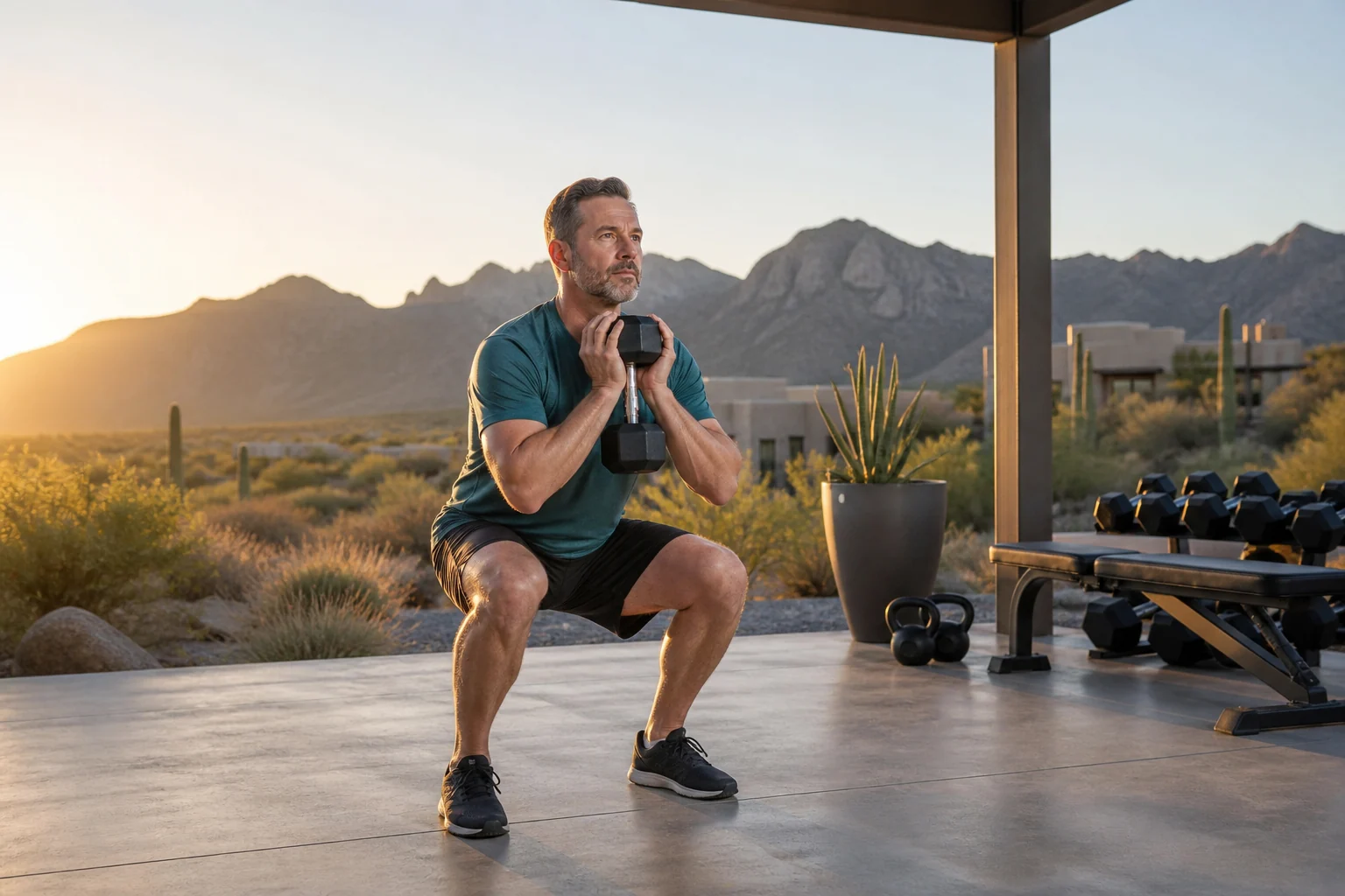 Middle-aged man strength training outdoors in Tucson, Arizona