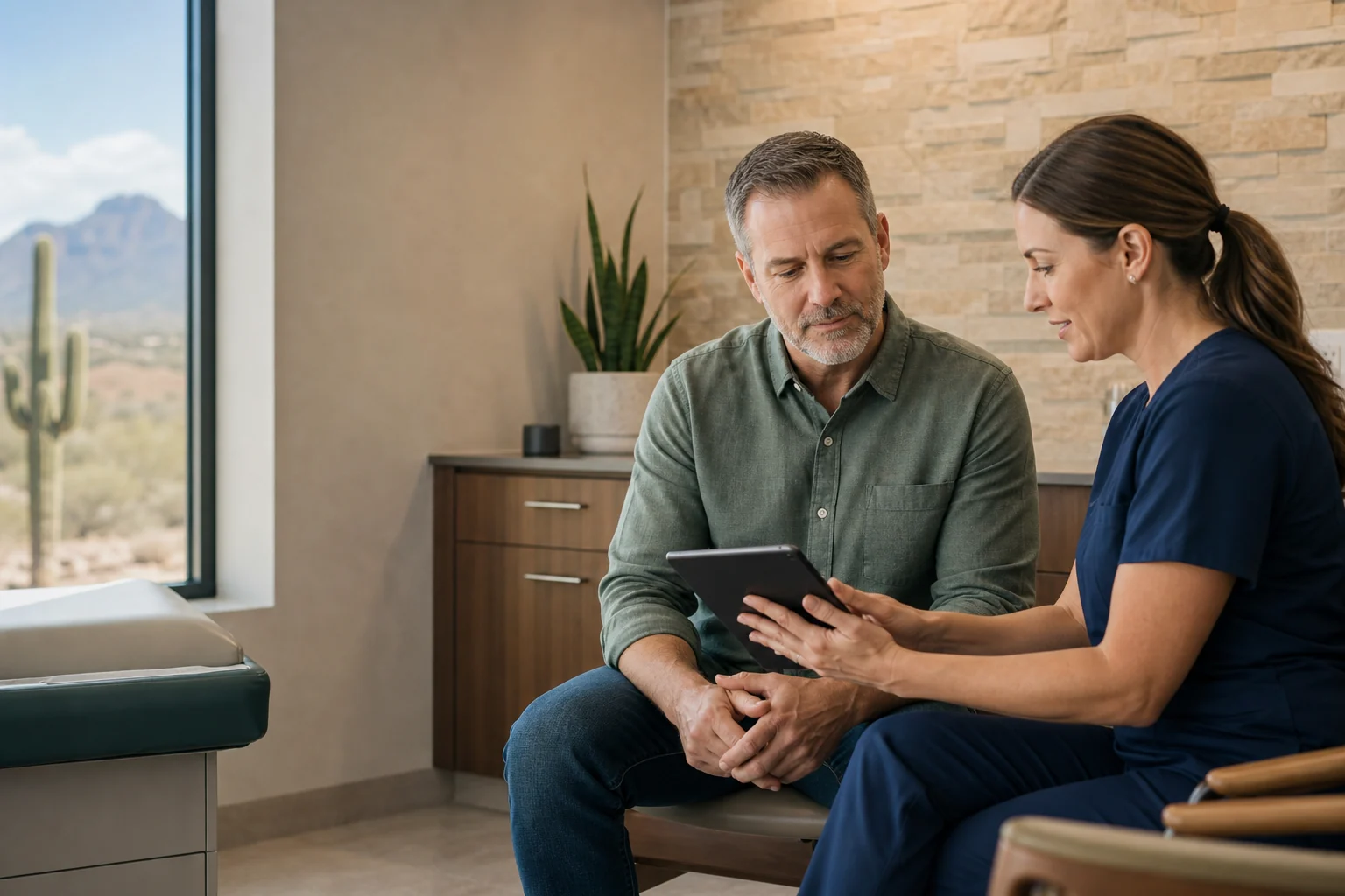 Man discussing weight loss and testosterone levels with a nurse practitioner in Tucson