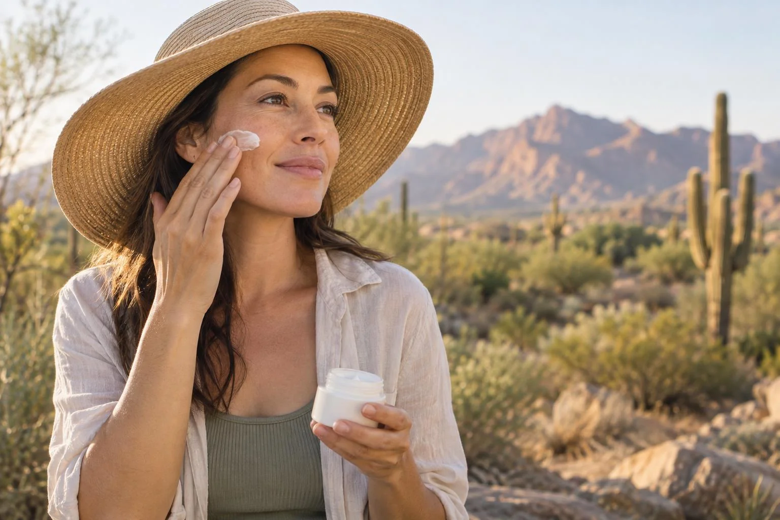 Woman in Tucson Arizona outdoors protecting skin from desert dryness and sun exposure