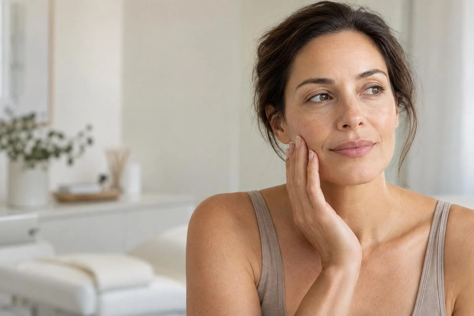 Woman gently touching cheek skin while examining signs of dryness and hydration